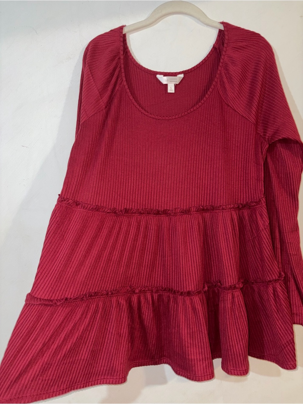 LC Lauren Conrad Deep Red Tiered Ribbed Long-Sleeve Blouse - Picture 3 of 3